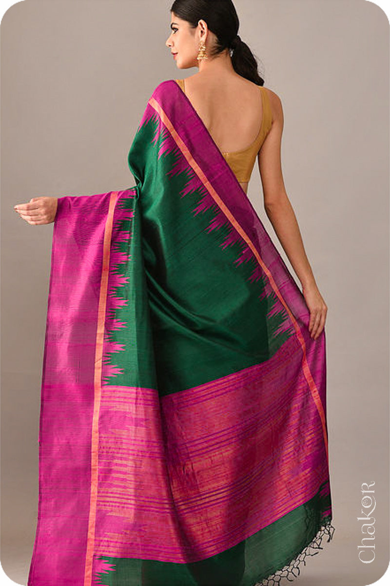 Green Pink Tussar Raw Silk Saree