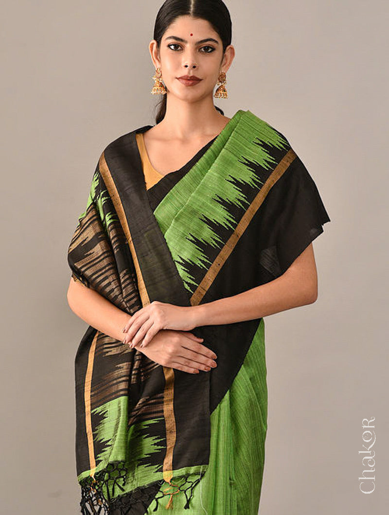 Green Black Tussar Raw Silk Saree