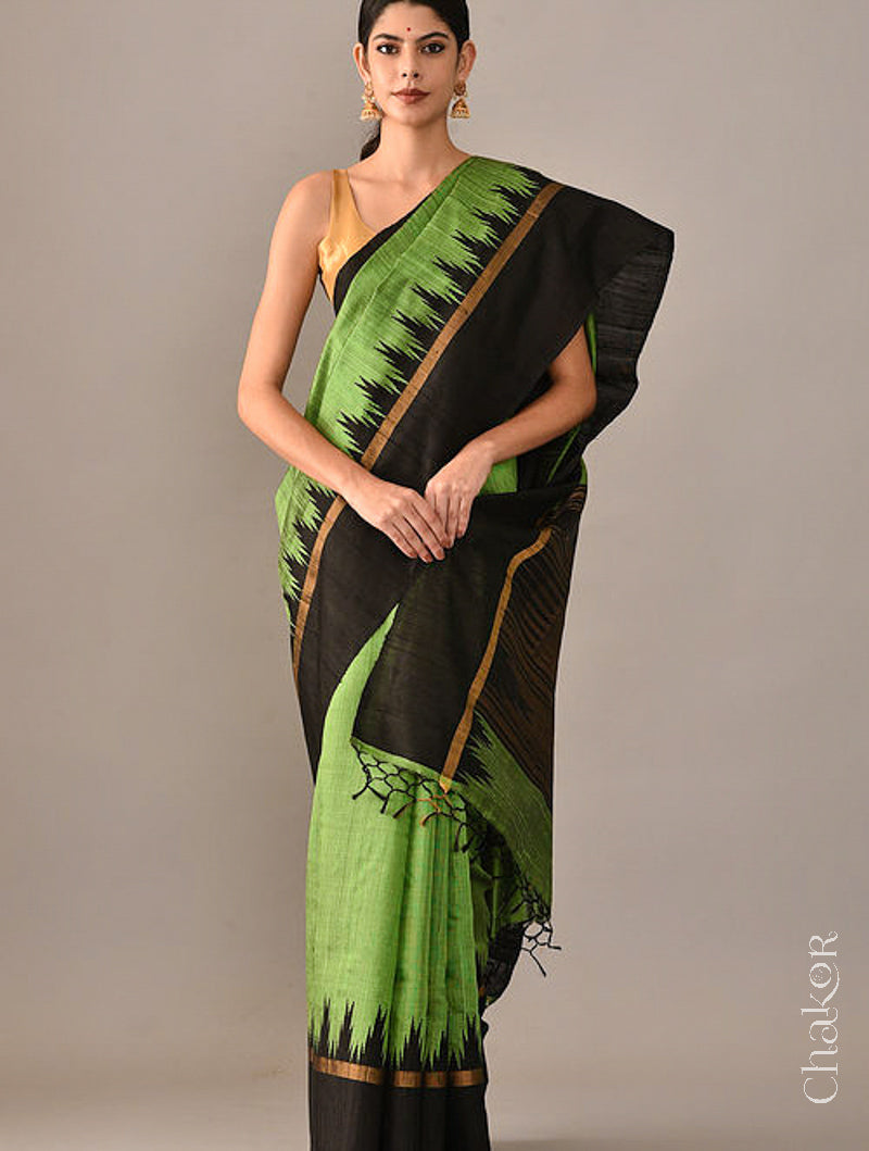 Green Black Tussar Raw Silk Saree