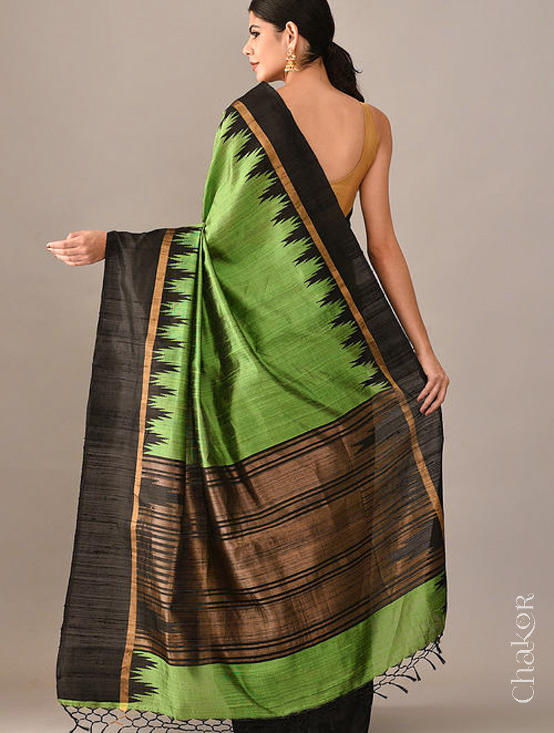 Green Black Tussar Raw Silk Saree