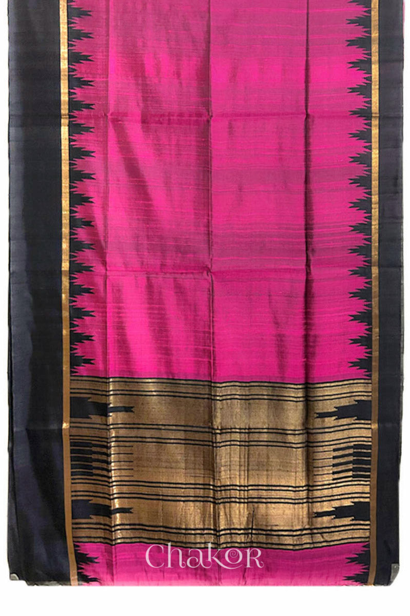 Pink Black Tussar Raw Silk Saree