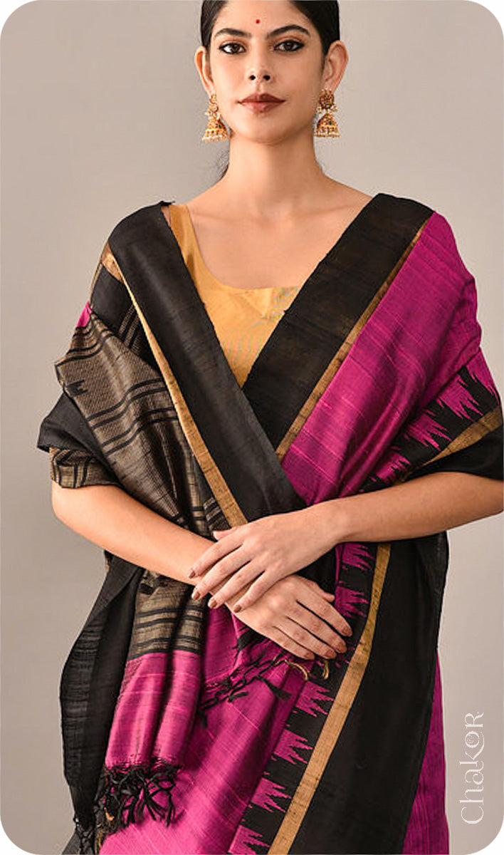 Pink Black Tussar Raw Silk Saree