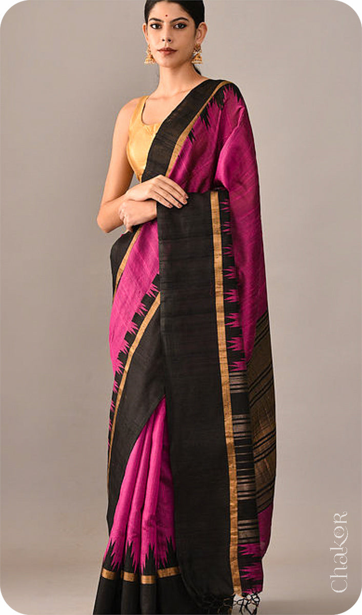 Pink Black Tussar Raw Silk Saree