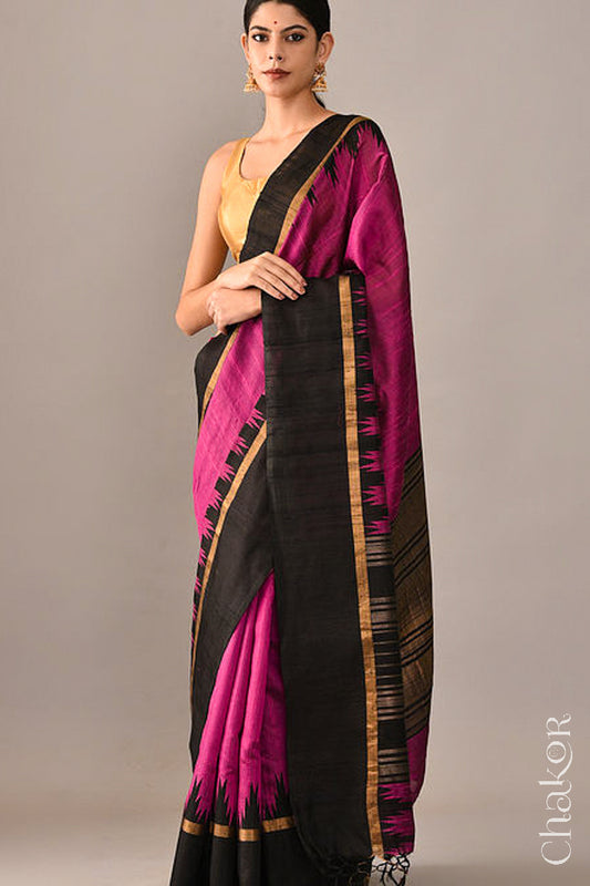 Pink Black Tussar Raw Silk Saree