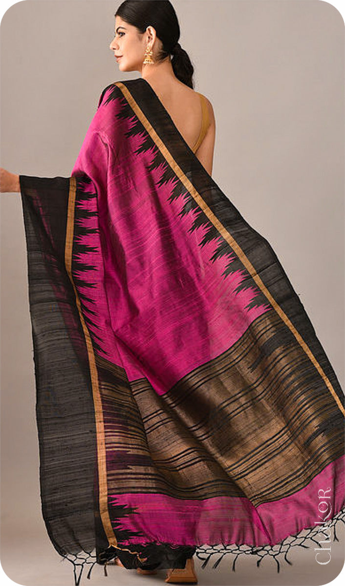 Pink Black Tussar Raw Silk Saree