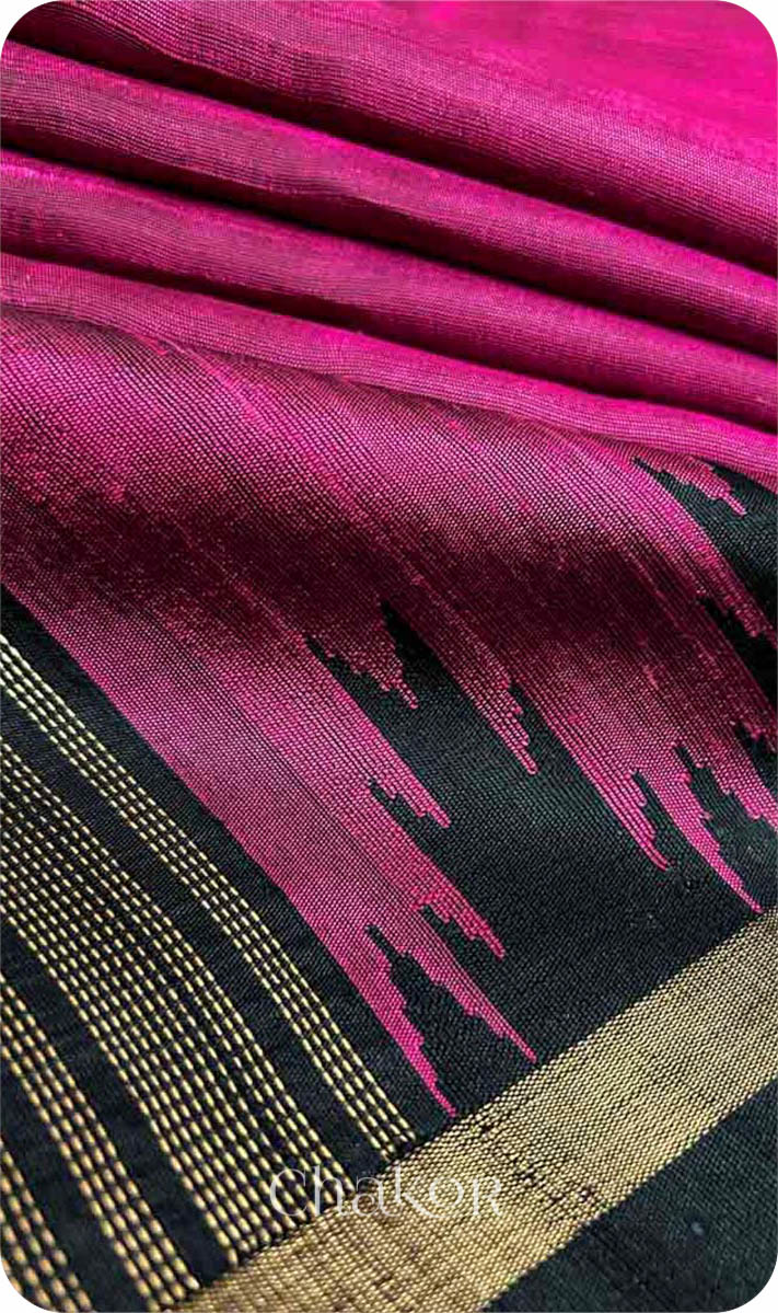 Pink Black Tussar Raw Silk Saree