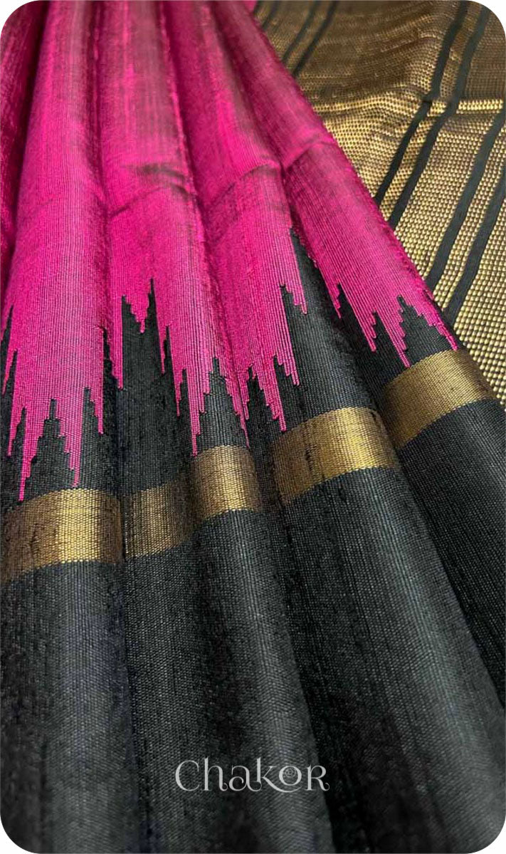 Pink Black Tussar Raw Silk Saree