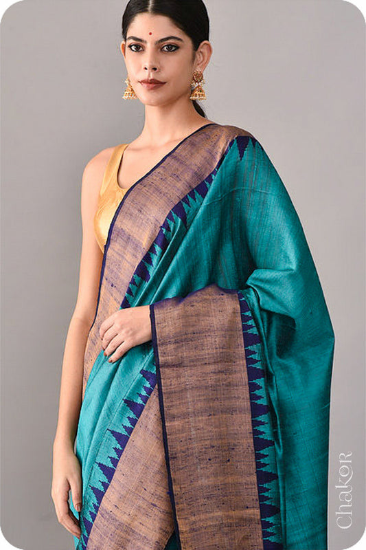 Jade Navy Tussar Raw Silk Saree