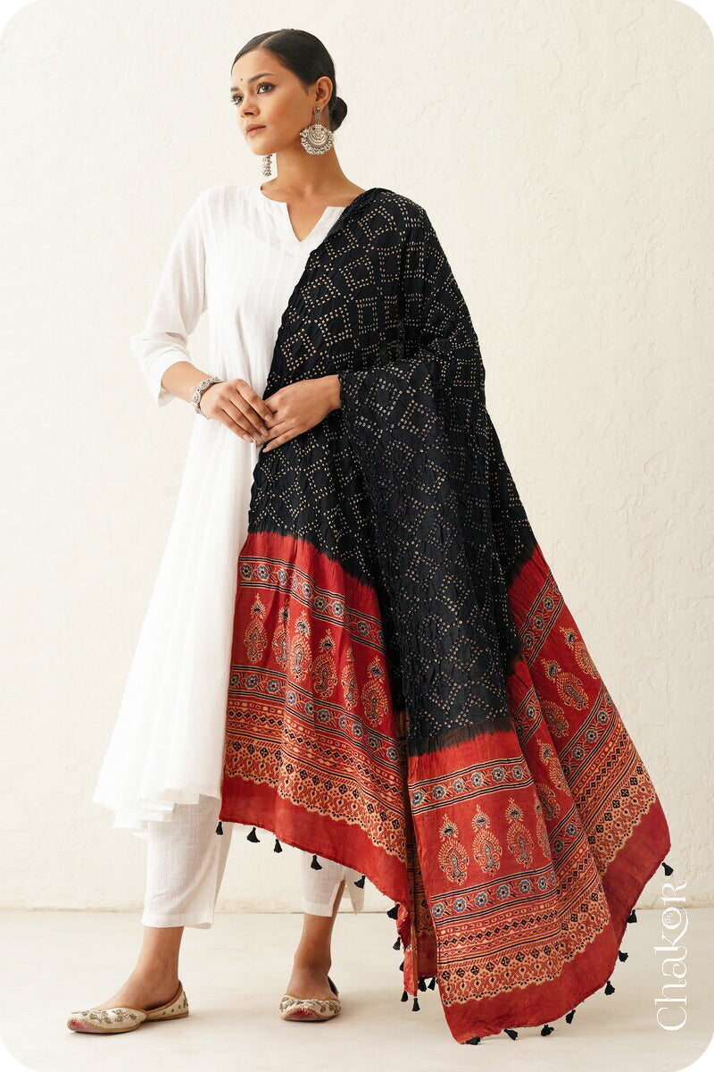 Black Red Bandhani Ajrakh Gaji Silk Dupatta in Traditional Design for Women's ethnicwear online by Chakor.