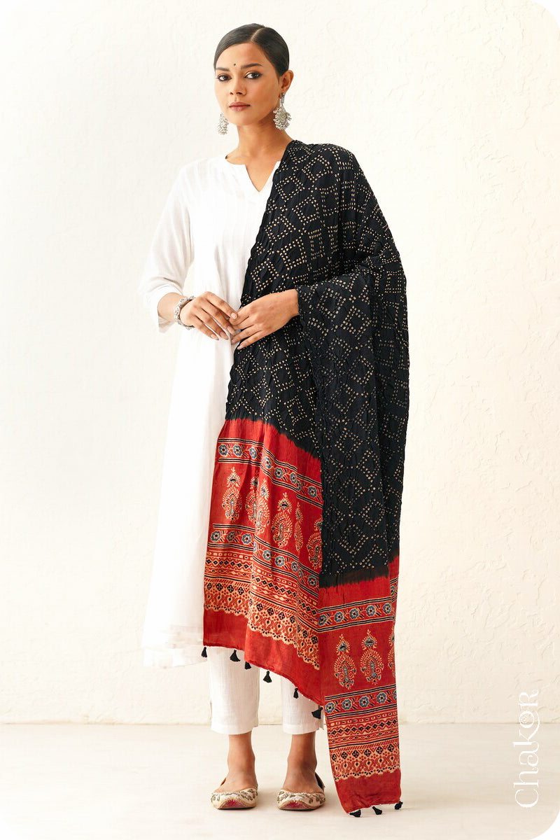 Black Red Bandhani Ajrakh Gaji Silk Dupatta in Traditional Design for Women's ethnicwear online by Chakor.