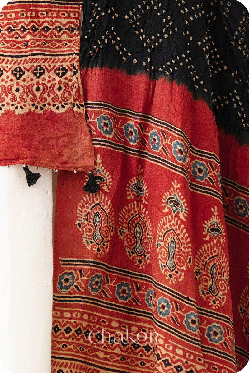 Black Red Bandhani Ajrakh Gaji Silk Dupatta in Traditional Design for Women's ethnicwear online by Chakor.