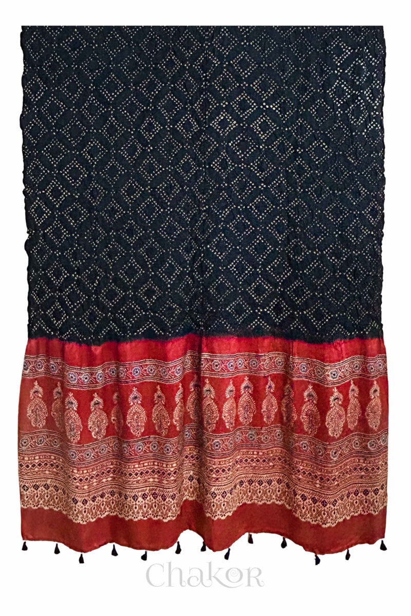 Black Red Bandhani Ajrakh Gaji Silk Dupatta in Traditional Design for Women's ethnicwear online by Chakor.