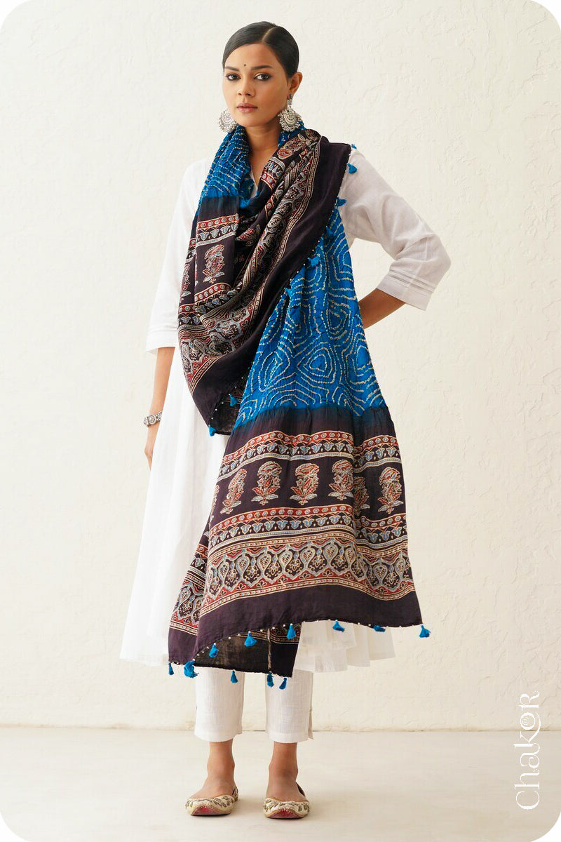 Indigo Black andhani Ajrakh Gaji Silk Dupatta in Traditional Design for Women's ethnicwear online by Chakor.