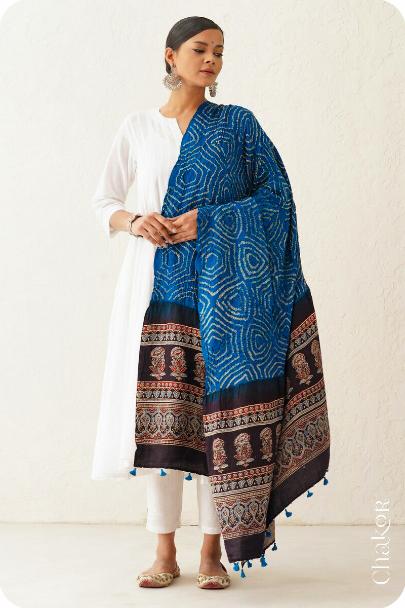 Indigo Black andhani Ajrakh Gaji Silk Dupatta in Traditional Design for Women's ethnicwear online by Chakor.