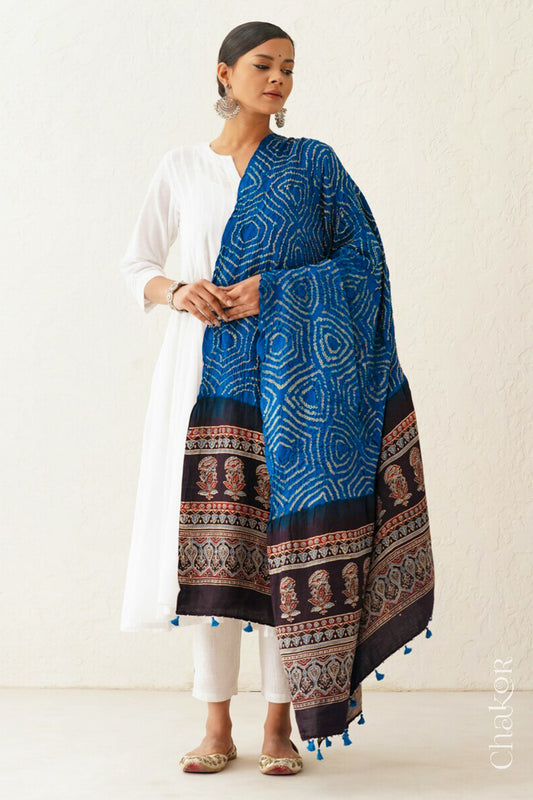 Indigo Black andhani Ajrakh Gaji Silk Dupatta in Traditional Design for Women's ethnicwear online by Chakor.