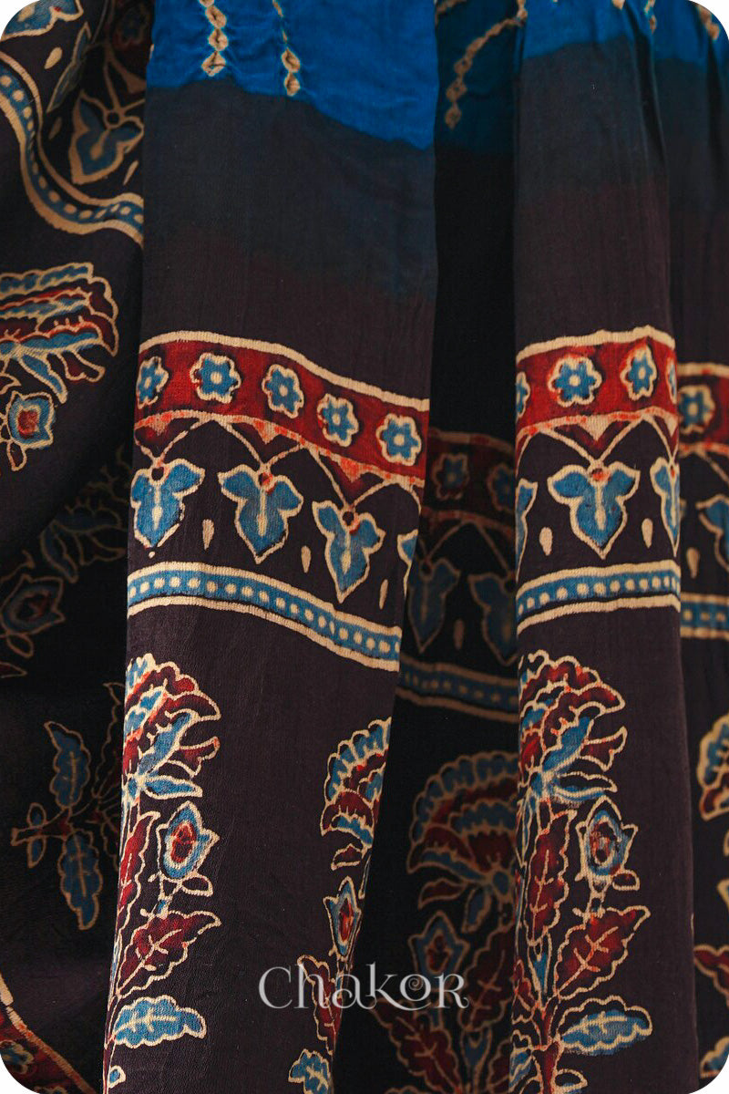 Indigo Black andhani Ajrakh Gaji Silk Dupatta in Traditional Design for Women's ethnicwear online by Chakor.