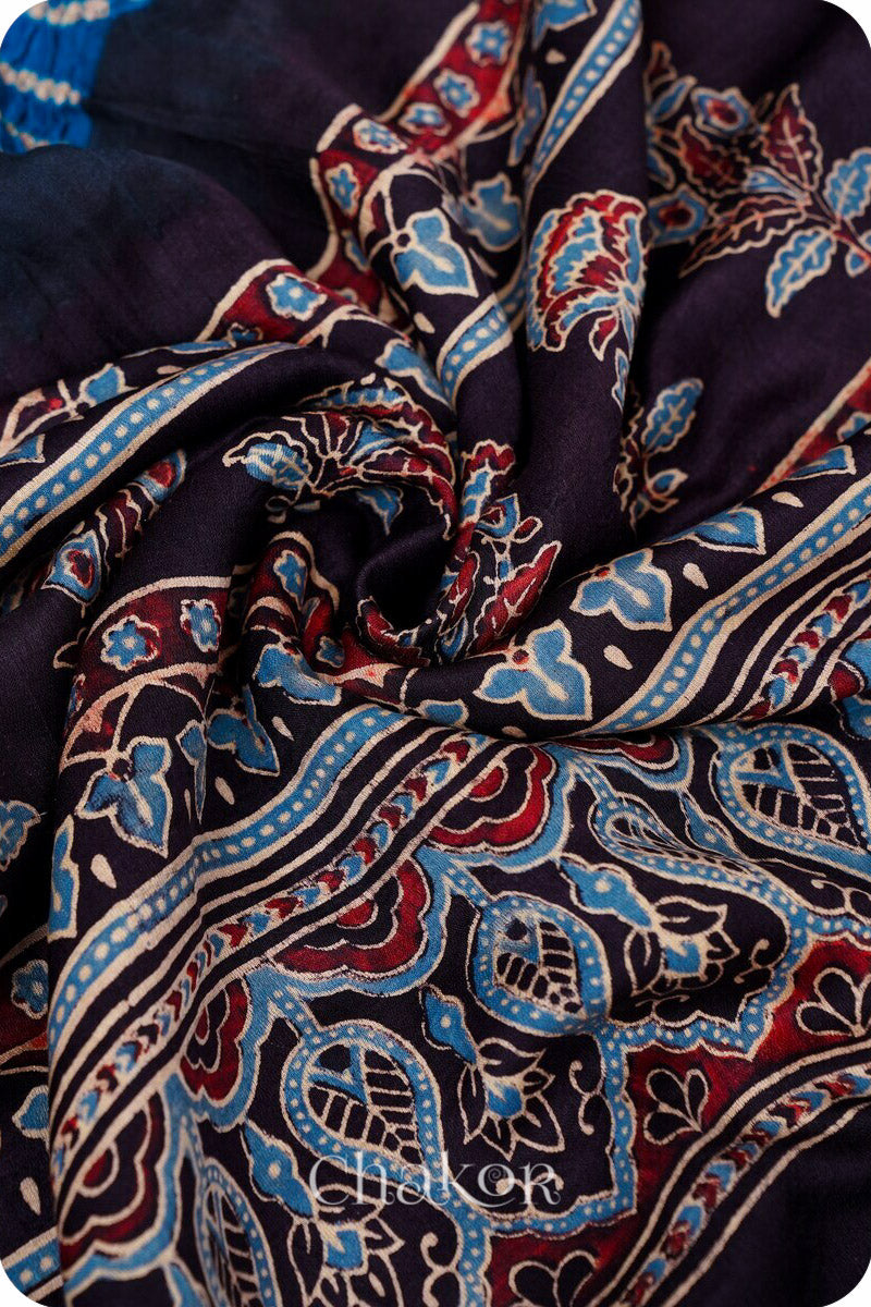 Indigo Black andhani Ajrakh Gaji Silk Dupatta in Traditional Design for Women's ethnicwear online by Chakor.