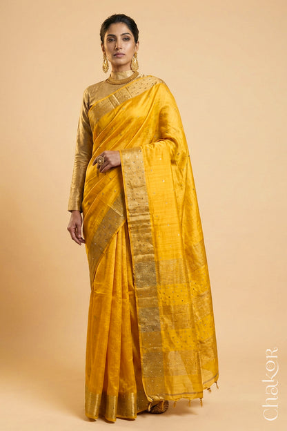 Woman wearing a Yellow tussar silk handloom saree with golden zari border & hand embroidered with  sequins & zari work
