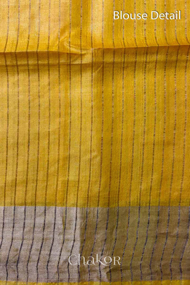 Close up of Blouse of Yellow tussar silk handloom saree with golden zari border & hand embroidered with  sequins & zari work