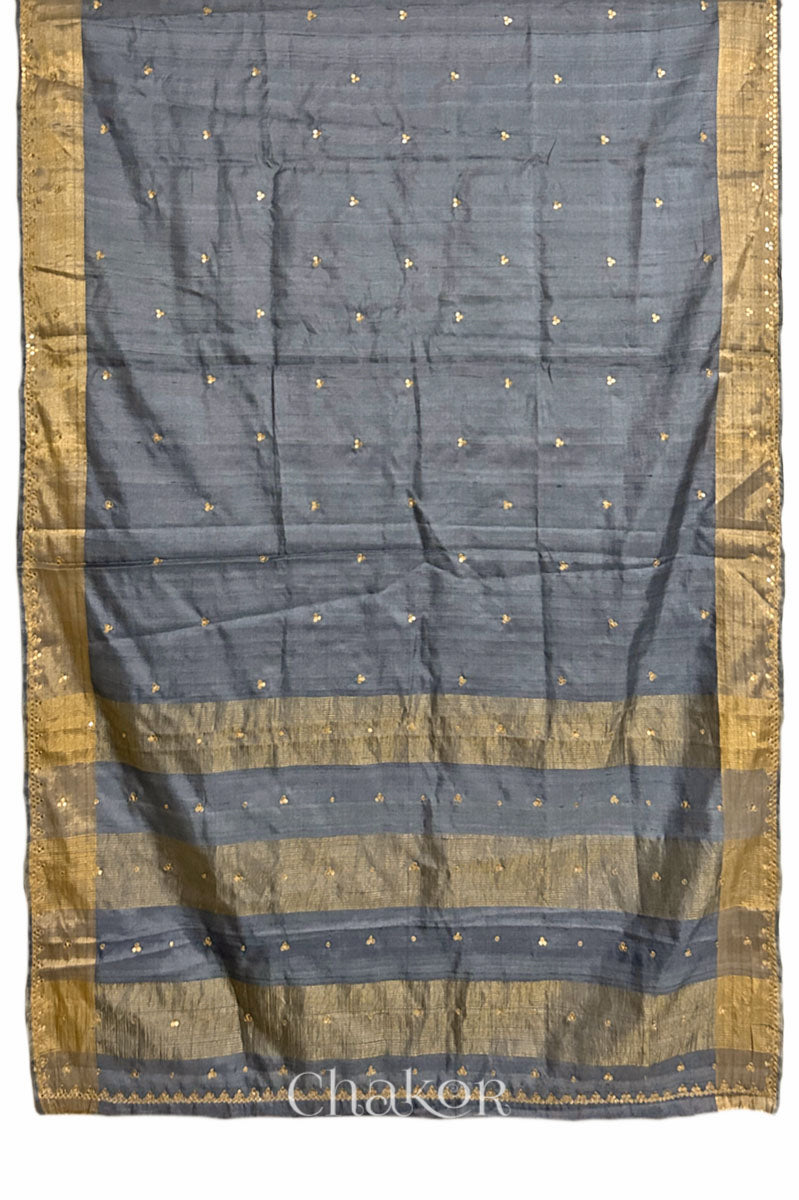 Grey tussar silk handloom saree with golden zari border & hand embroidered with  sequins & zari work