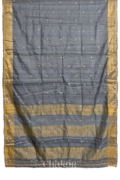 Grey tussar silk handloom saree with golden zari border & hand embroidered with  sequins & zari work