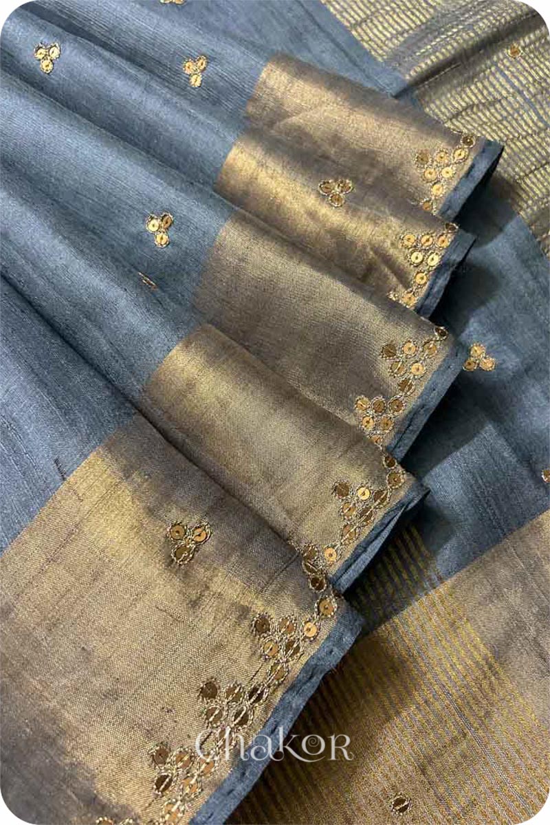 Grey Tussar Silk Saree