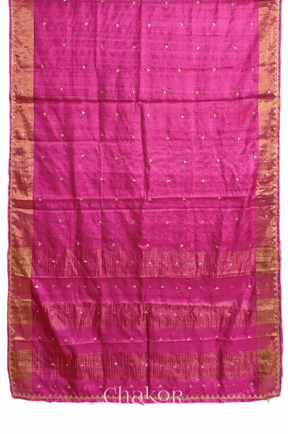 Pink tussar silk handloom saree with golden zari border & hand embroidered with  sequins & zari work