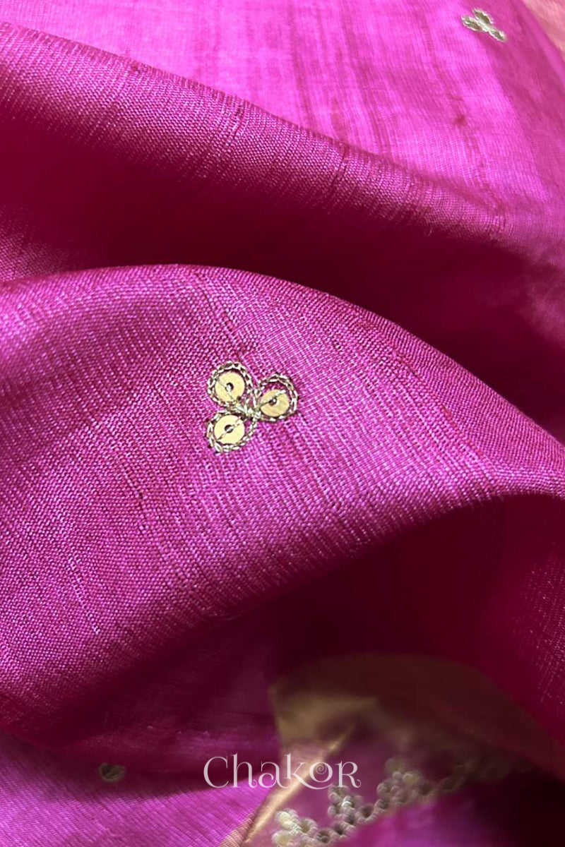 Close up of Pink tussar silk handloom saree with golden zari border & hand embroidered with  sequins & zari work