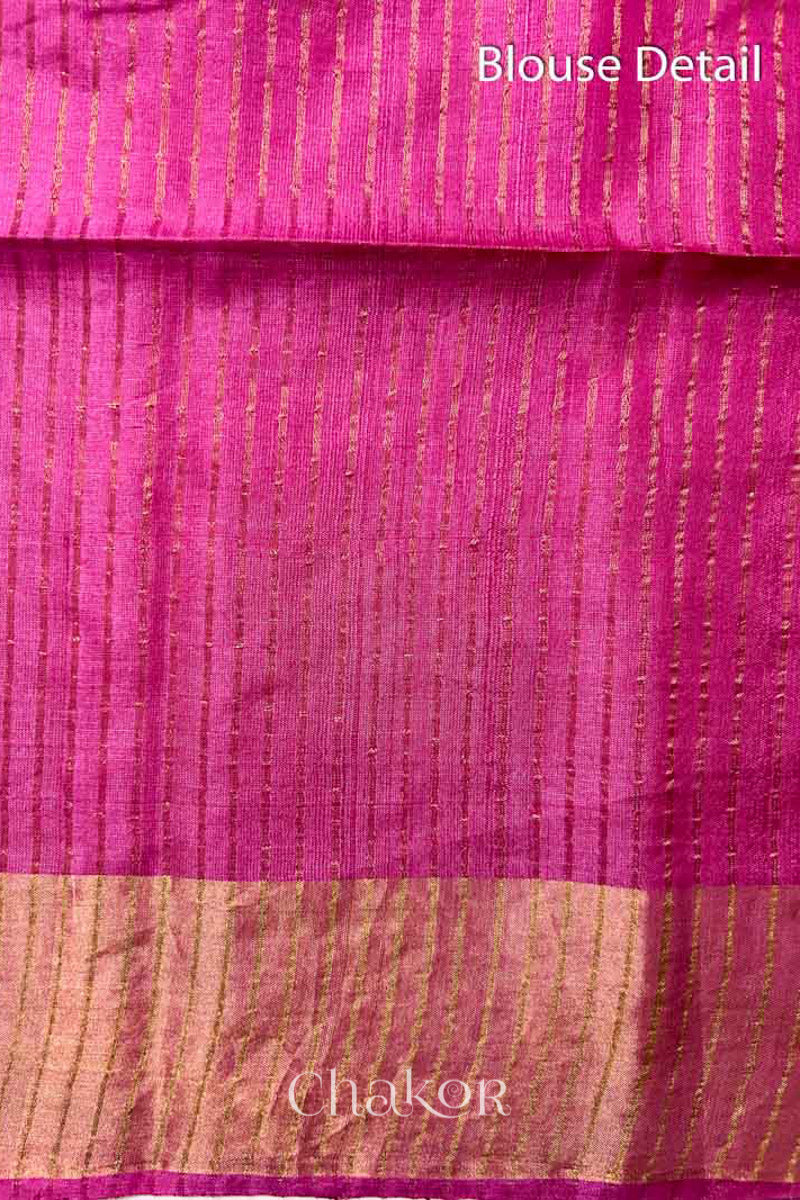 Close up of blouse of Pink tussar silk handloom saree with golden zari border & hand embroidered with  sequins & zari work