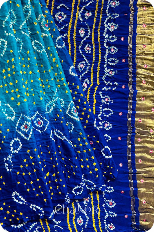 Peacock Blue Ombre Bandhani Gaji Silk Saree