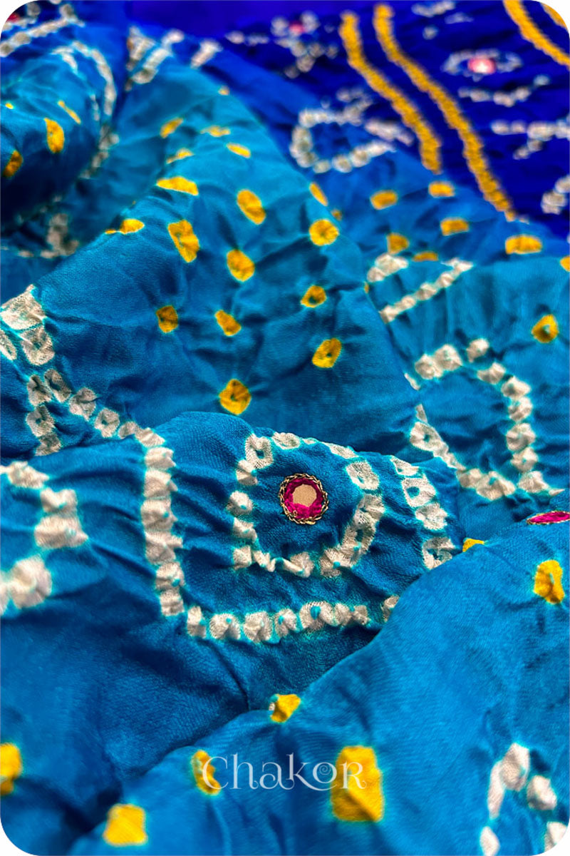 Peacock Blue Ombre Bandhani Gaji Silk Saree