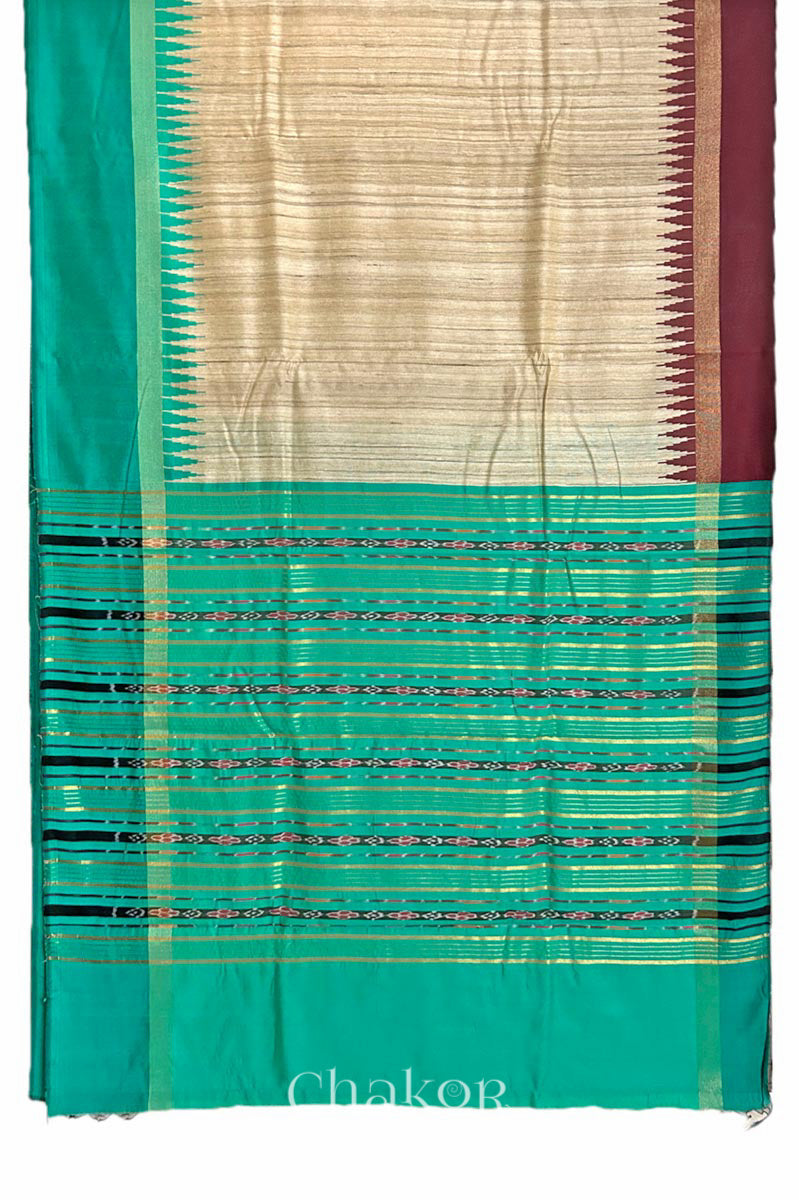Jade Green and natural tussar silk handloom saree with woven stripes  & temple border and geometric motifs, traditional Indian ethnic wear saree
