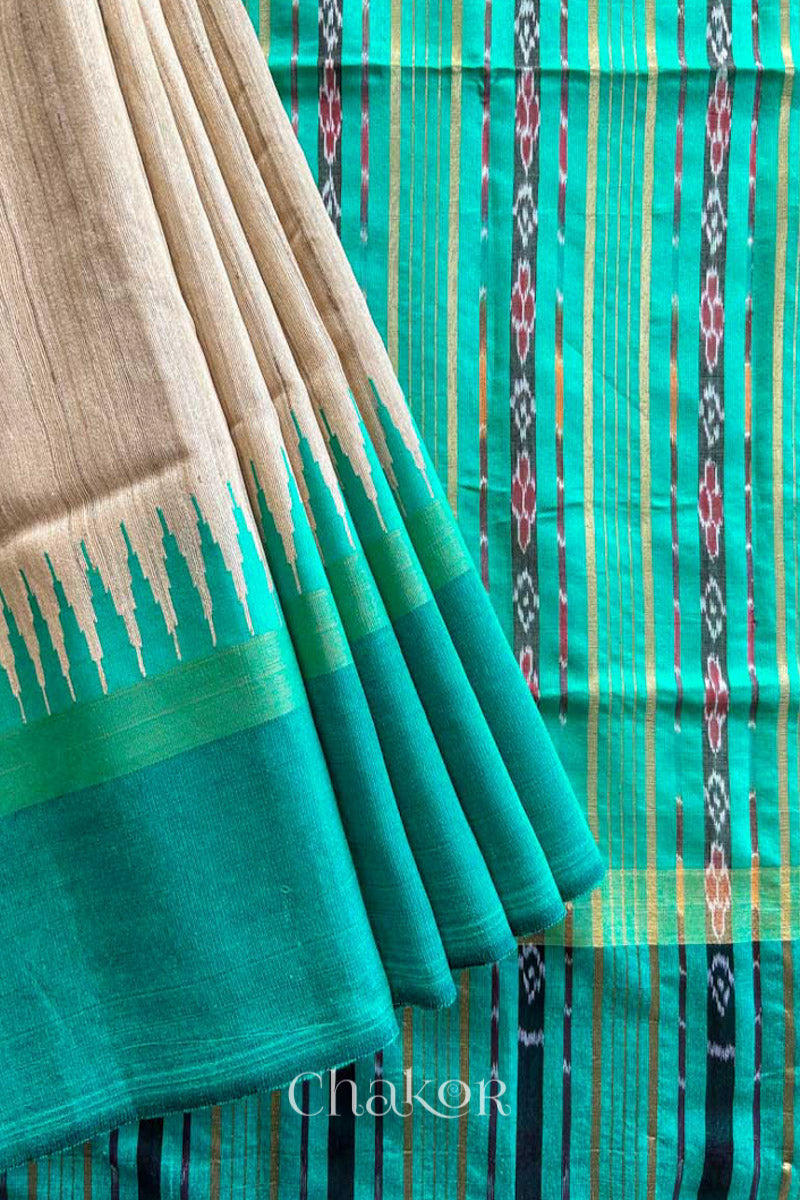 close up of a traditional Jade Green and Natural tussar silk handloom temple border saree