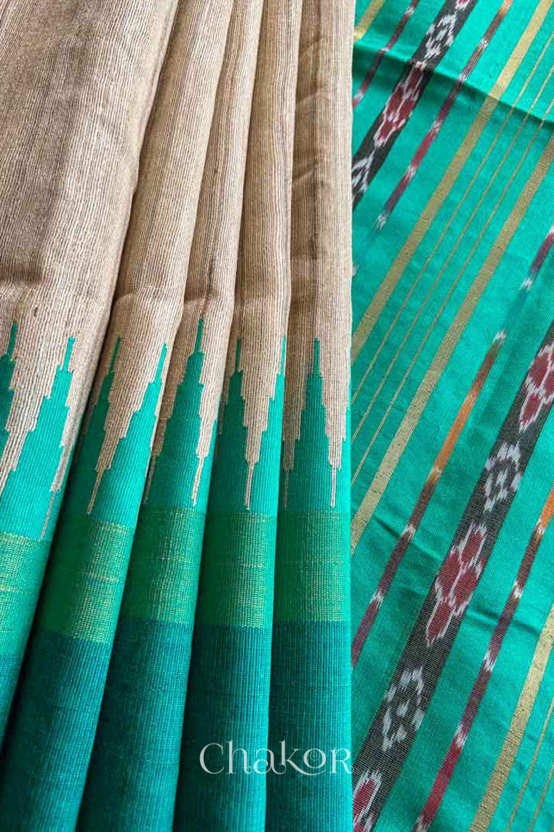 close up of a traditional Jade Green and Natural tussar silk handloom temple border saree