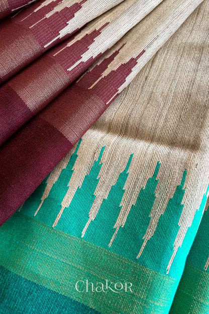 close up of a traditional Jade Green and Natural tussar silk handloom temple border saree