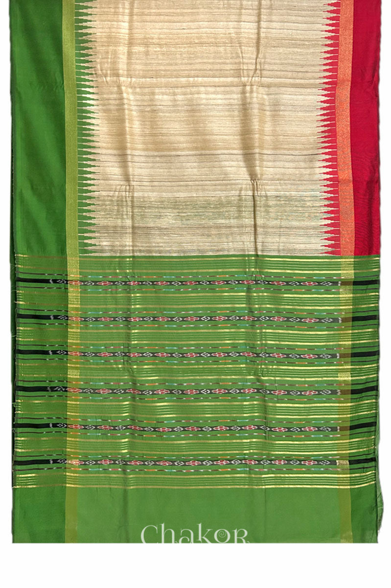 Green and natural tussar silk handloom saree with woven striped border and geometric motifs & temple border, traditional Indian ethnic wear saree
