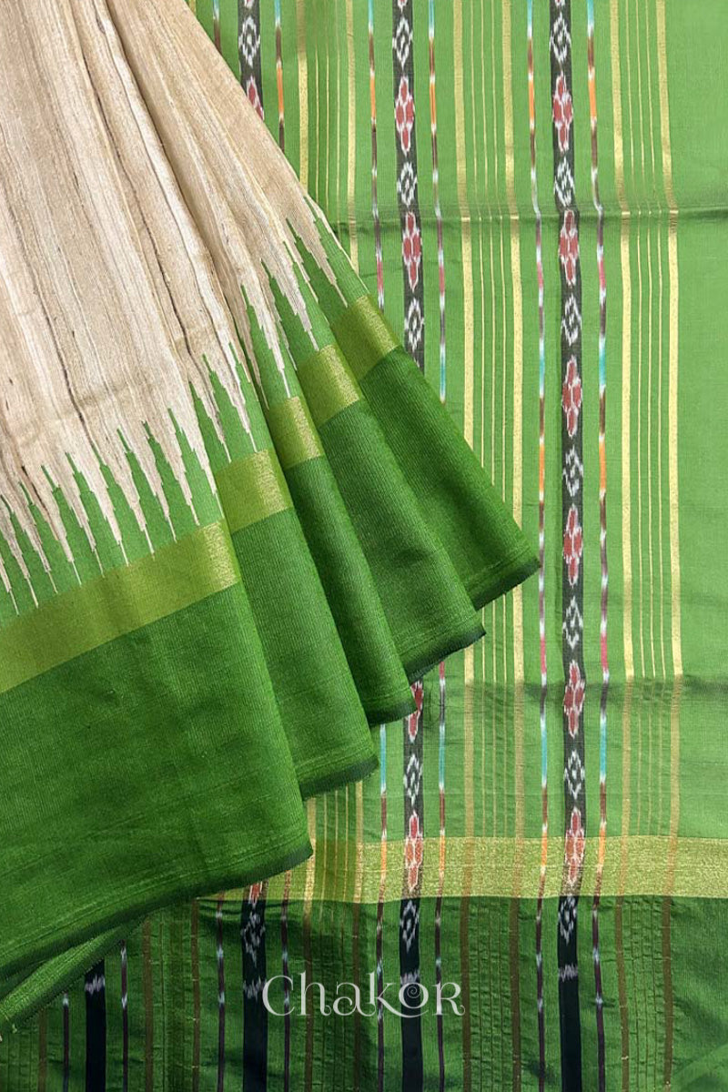 close up of Traditional Green and Natural tussar silk handloom saree