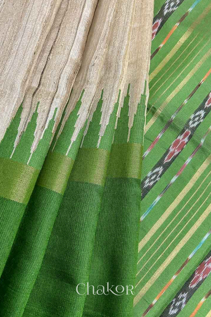 close up of Traditional Green and Natural tussar silk handloom saree