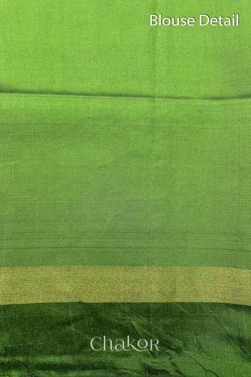 close up of Blouse of Traditional Green and Natural tussar silk handloom temple border saree