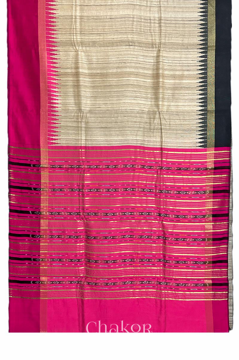 Pink and natural tussar silk handloom saree with woven stripes  & temple border and geometric motifs, traditional Indian ethnic wear saree
