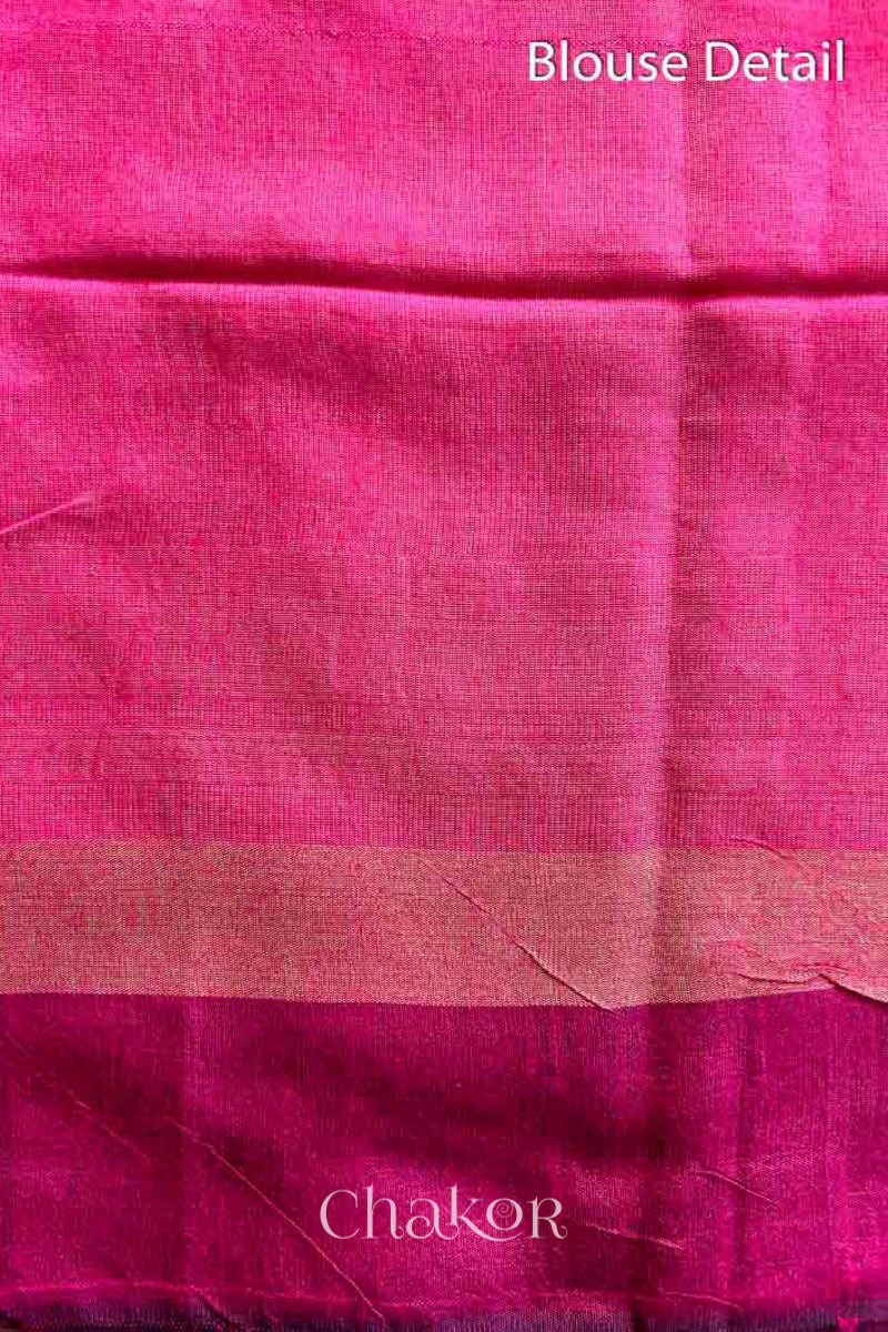 close up of blouse of a traditional pink and Natural tussar silk handloom temple border saree