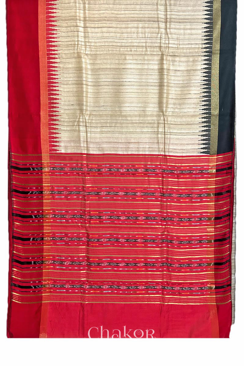 Red, black and natural tussar silk handloom saree with ikat woven striped pallu & temple border, traditional Indian ethnic wear saree.
