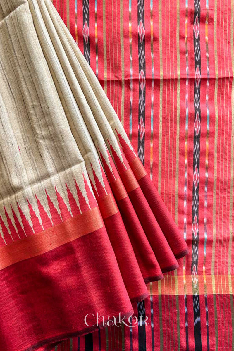 Pleat and pallu view of Traditional red and Natural tussar silk handloom temple border saree.