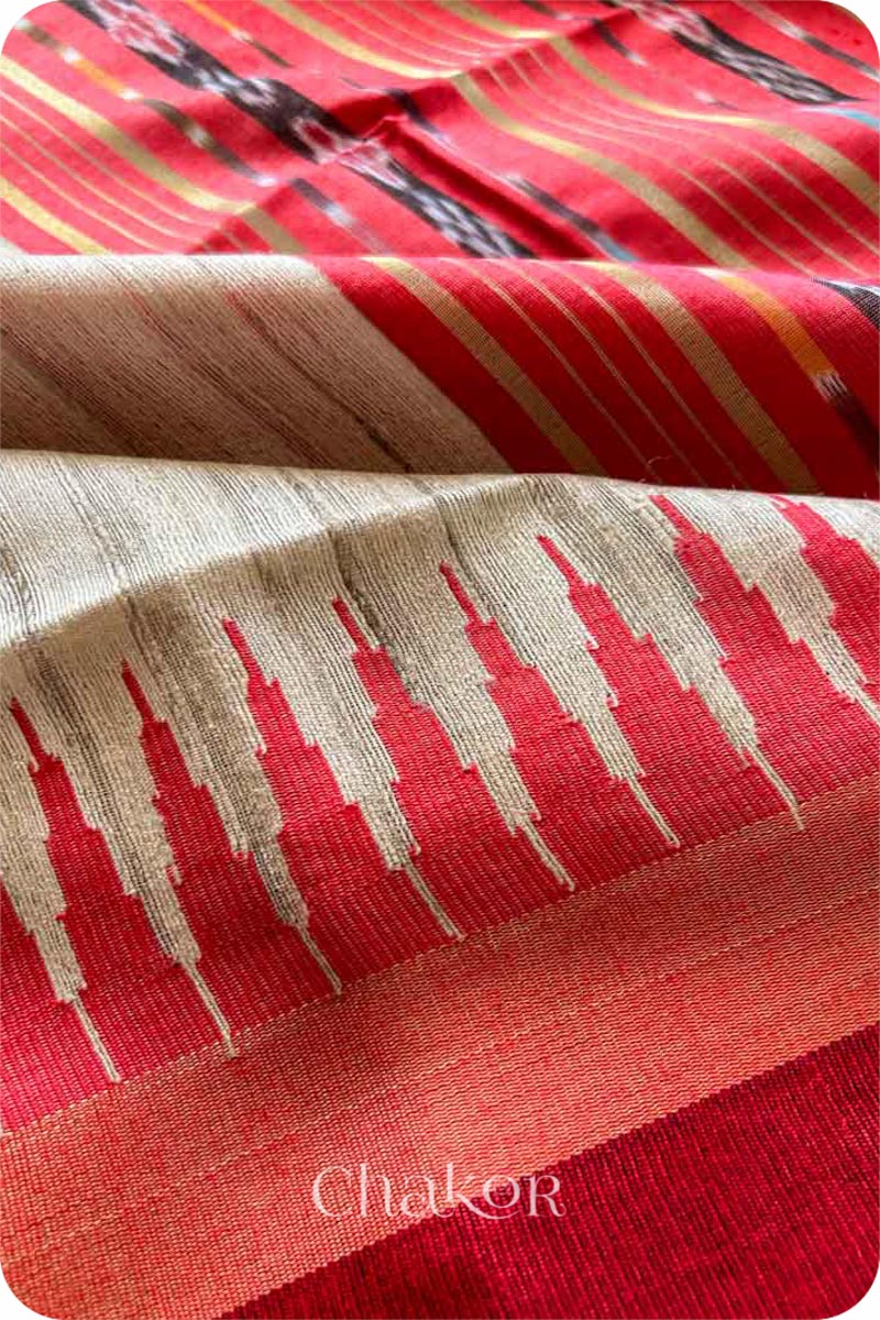 Natural Red Tussar Khadi Silk Saree