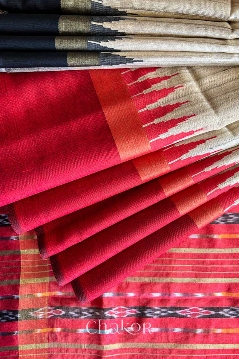Close up of Traditional red and black  with Natural tussar body silk handloom temple border saree.