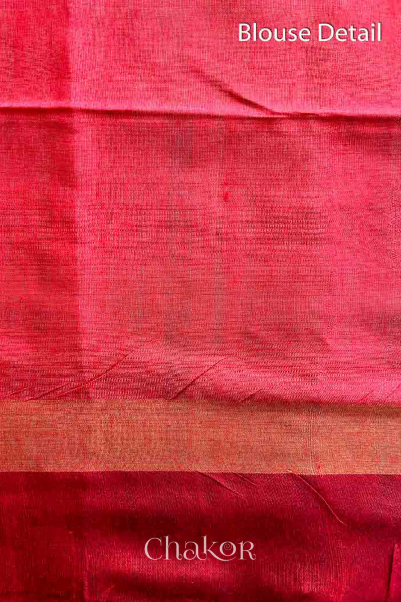 Close up of Blouse of Traditional red and Natural tussar silk handloom temple border saree.