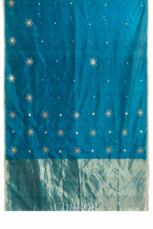Chakor's Traditional Peacock Blue Chanderi silk cotton saree with sequins embroidery.