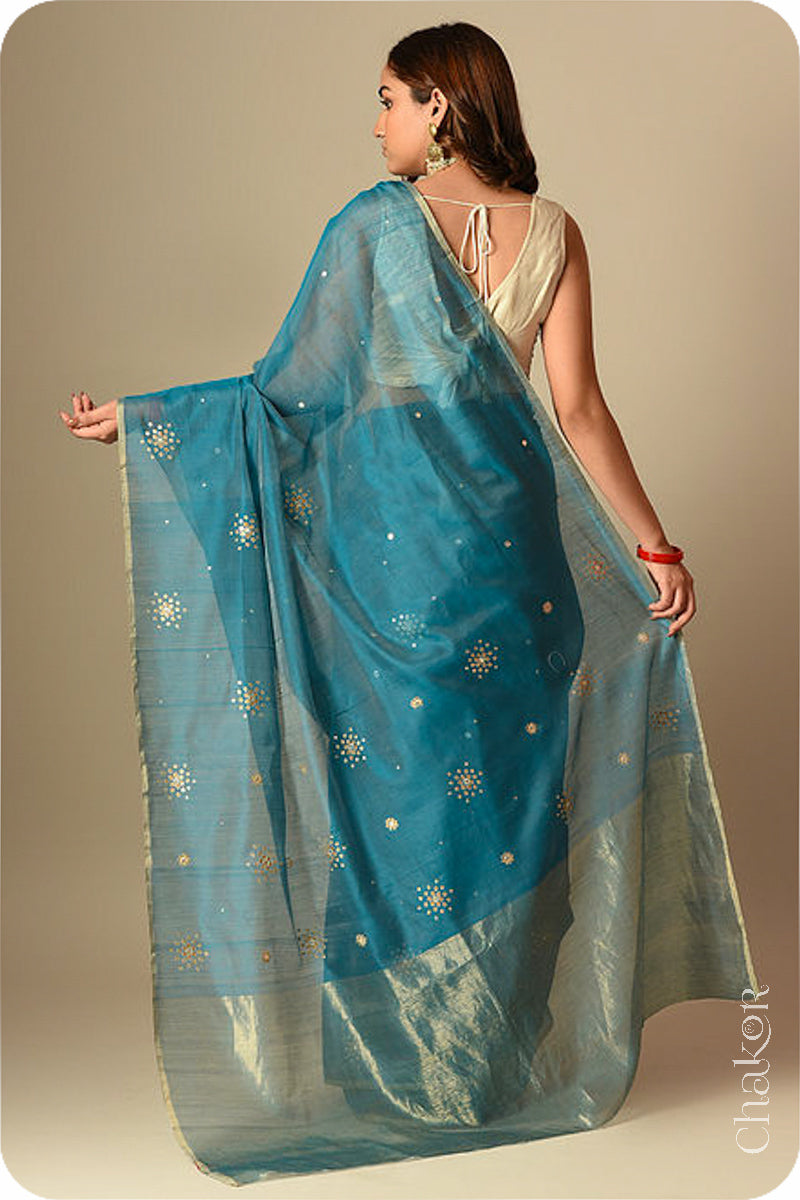 Chakor's Traditional Peacock Blue Chanderi silk cotton saree with sequins embroidery.