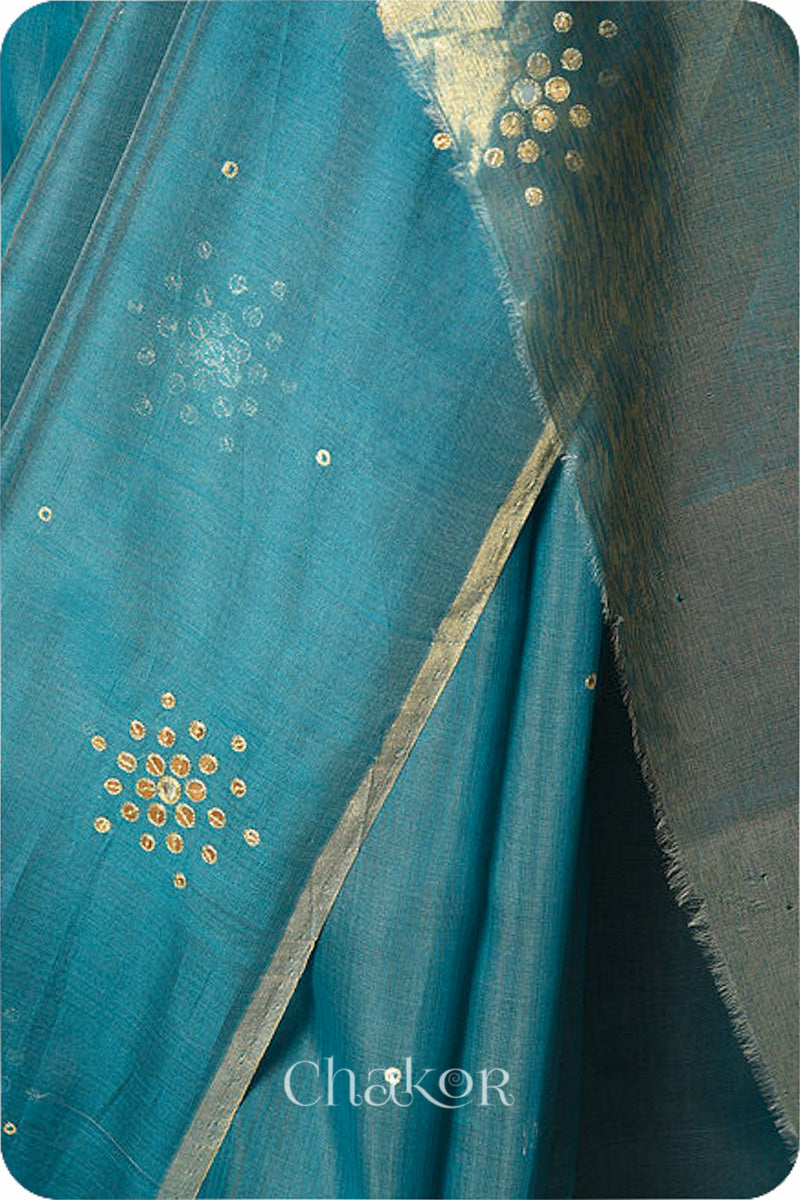 Chakor's Traditional Peacock Blue Chanderi silk cotton saree with sequins embroidery.