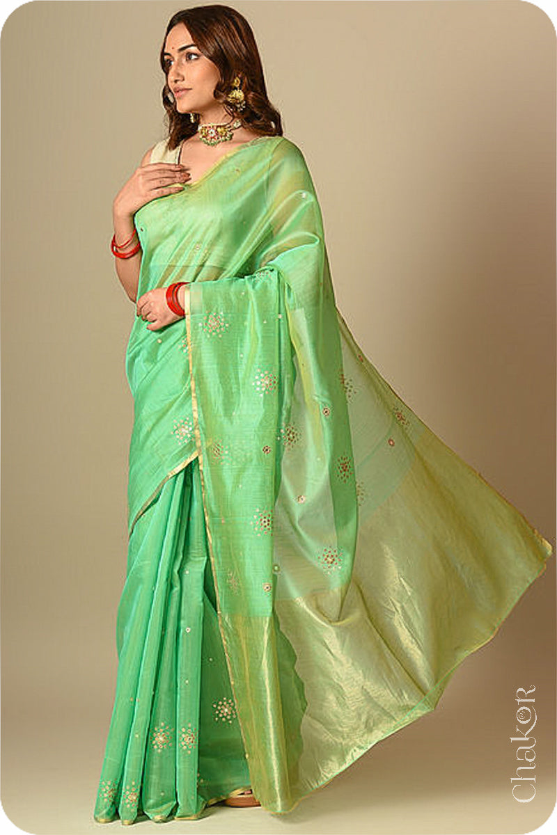 Chakor's Traditional Sea Green Chanderi silk cotton saree with sequins embroidery.